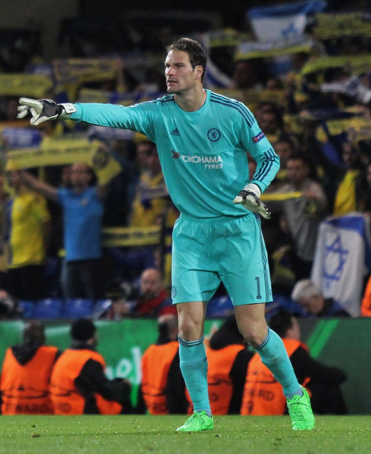 Asmir Begovic of Chelsea gives out orders during the Champions League game against Maccabi Tel-Aviv.