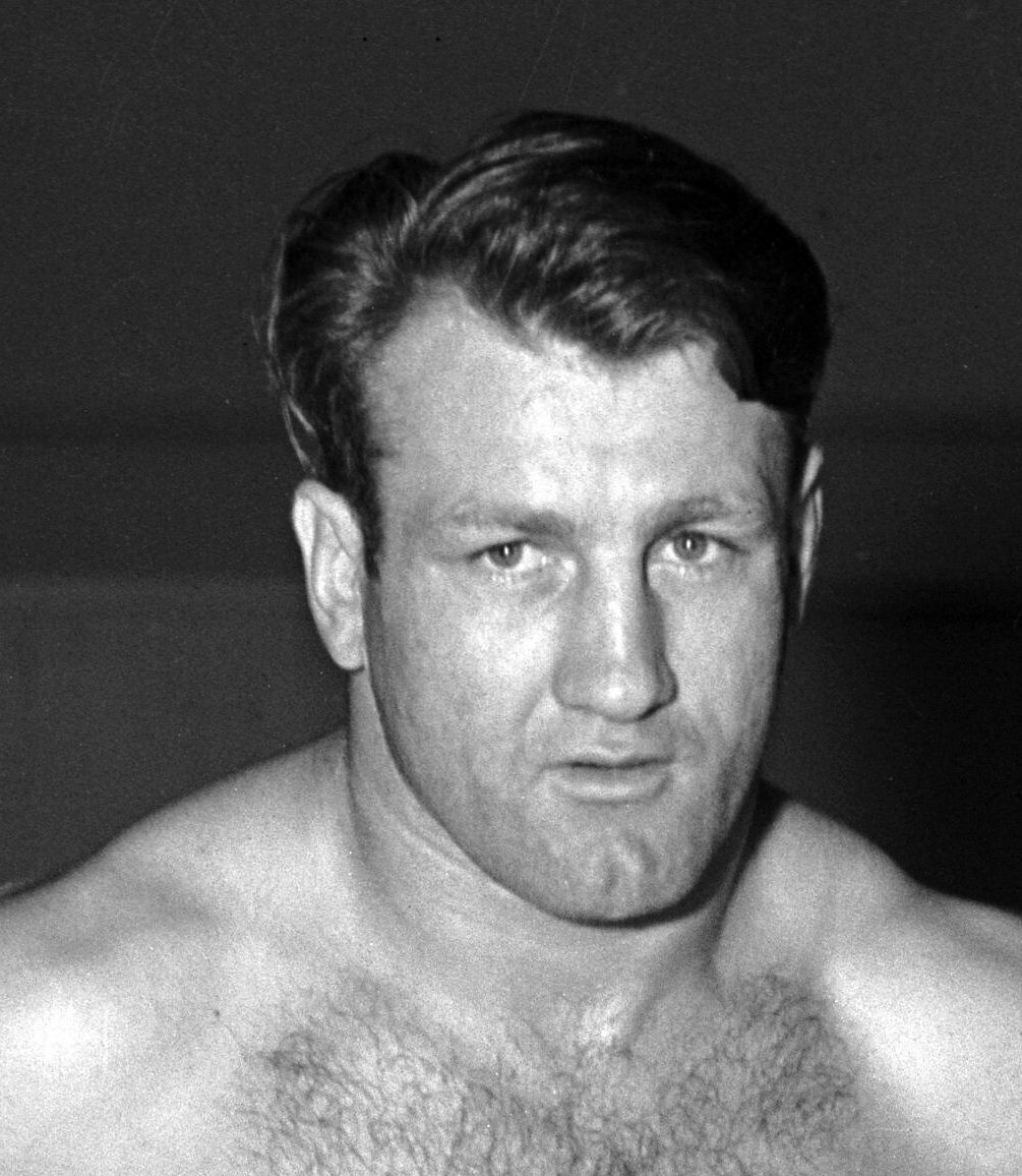 Wrestler and football player Bronko Nagurski before a wrestling match at Wrigley Field, Los Angeles