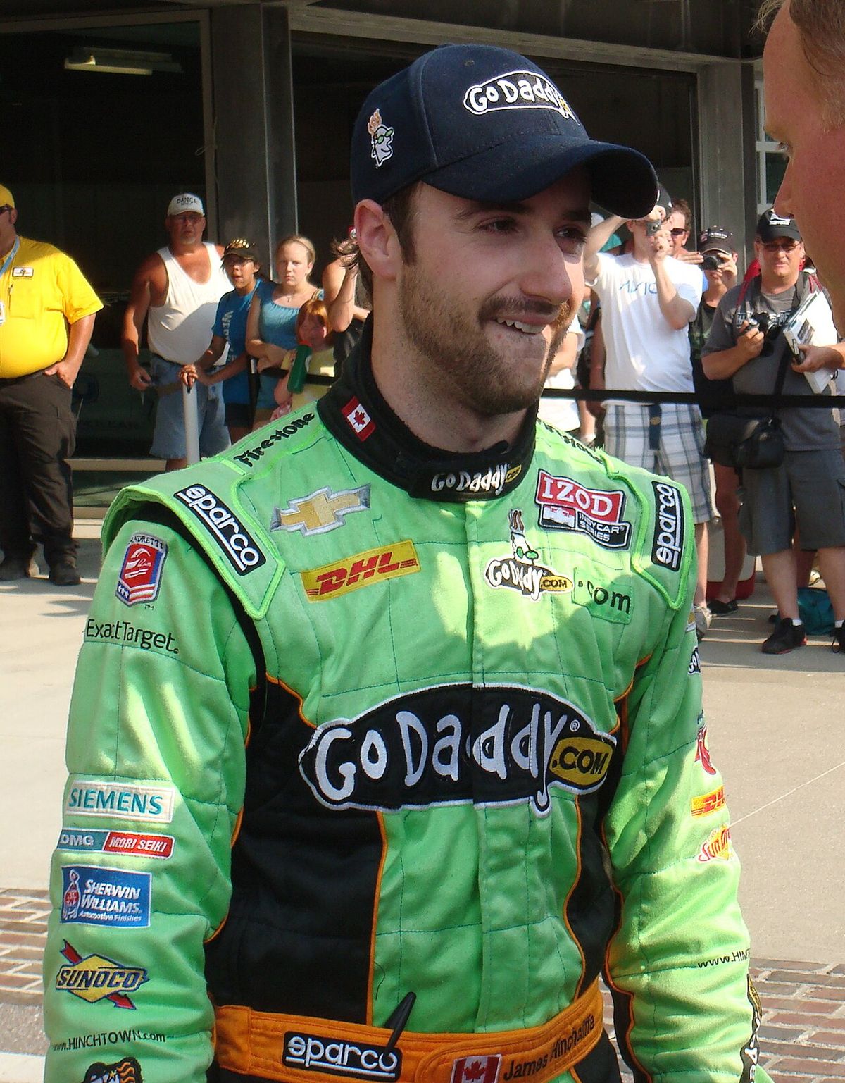 James Hinchcliffe at the Indianapolis Motor Speedway in 2012, shortly after securing a front row starting spot for the 2012 Indianapolis 500