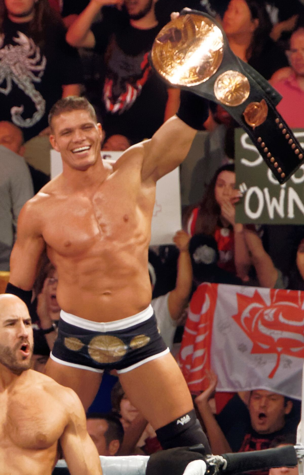 Tyson Kidd as the WWE Tag Team Champion at the WWE Raw television taping on March 30, 2015.