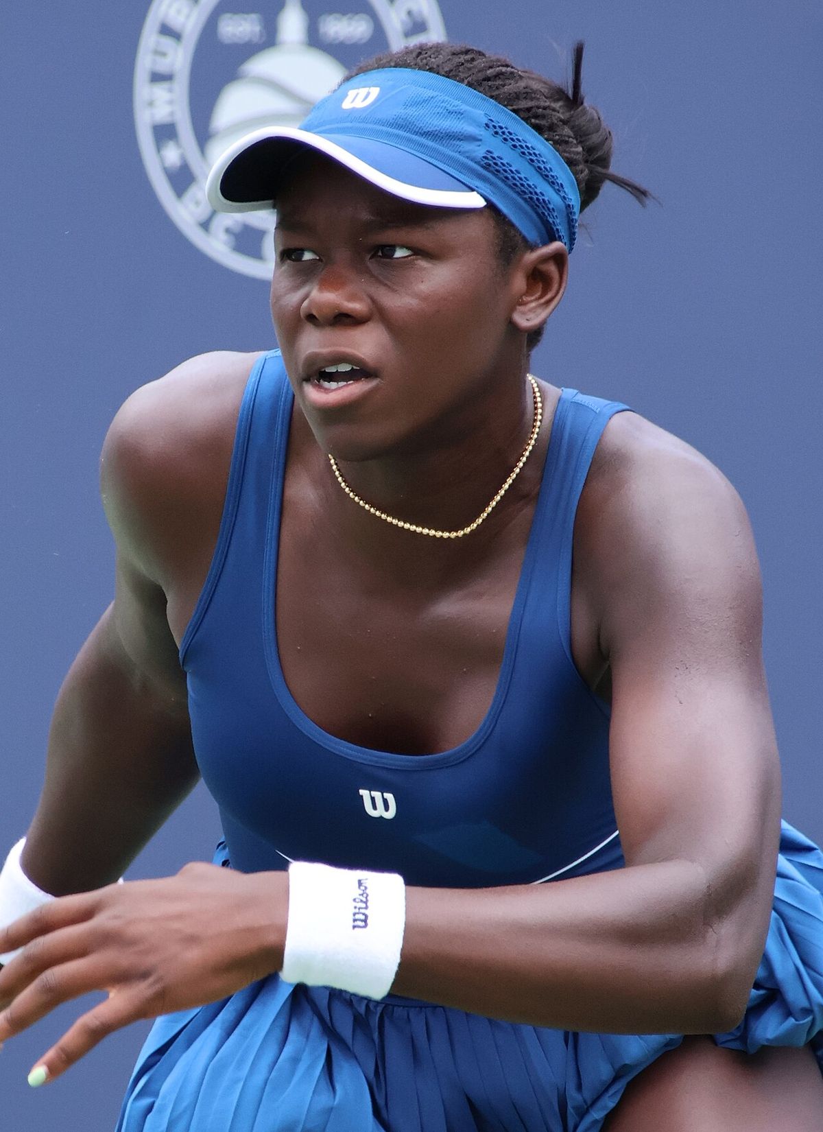 Victoria Mboko playing in the first round of the 2025 Washington Open