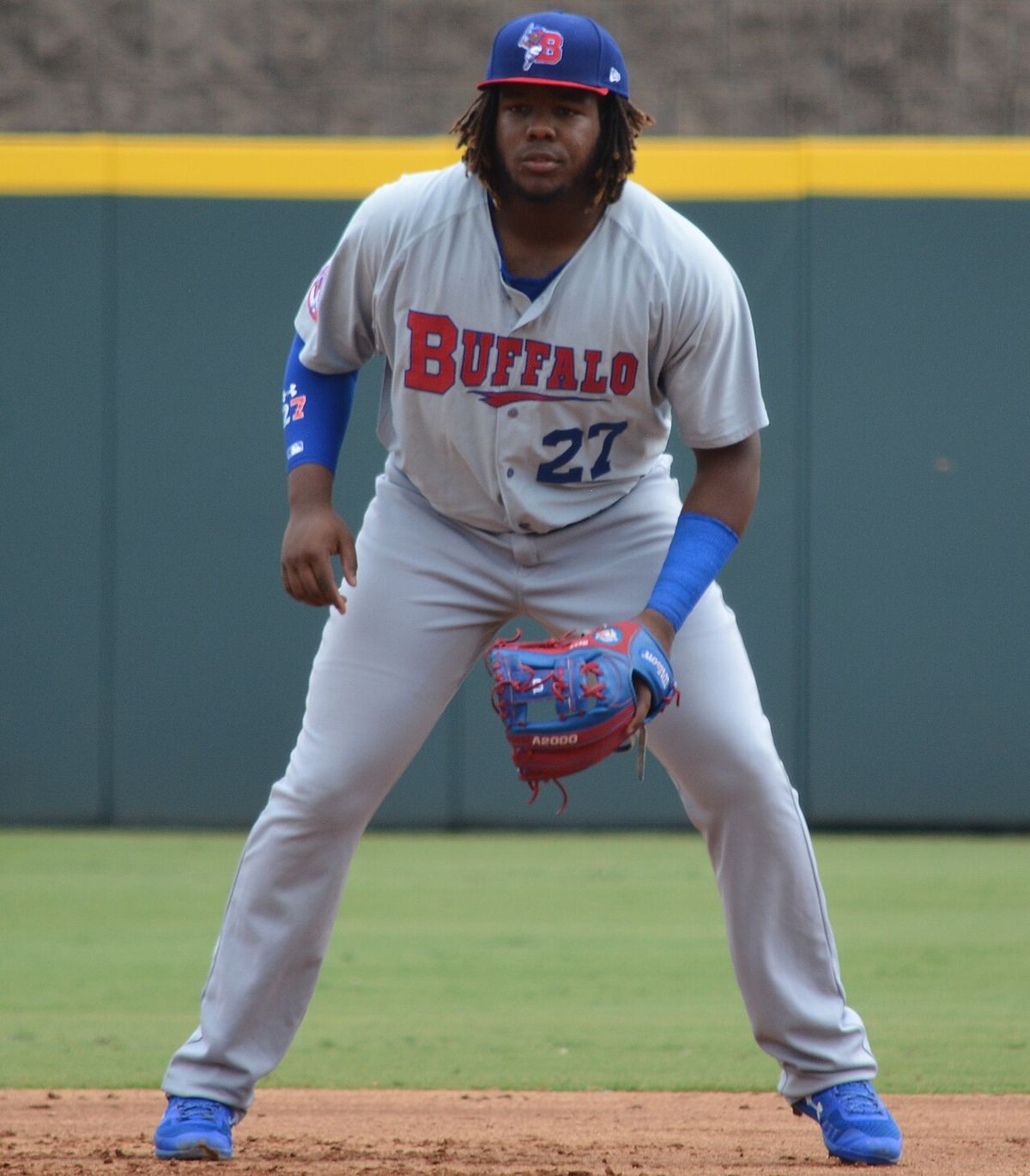 Vladimir Guerrero Jr. playing third base for the Buffalo Bisons during a 2018 game at Coolray Field in Gwinnett, Georgia.