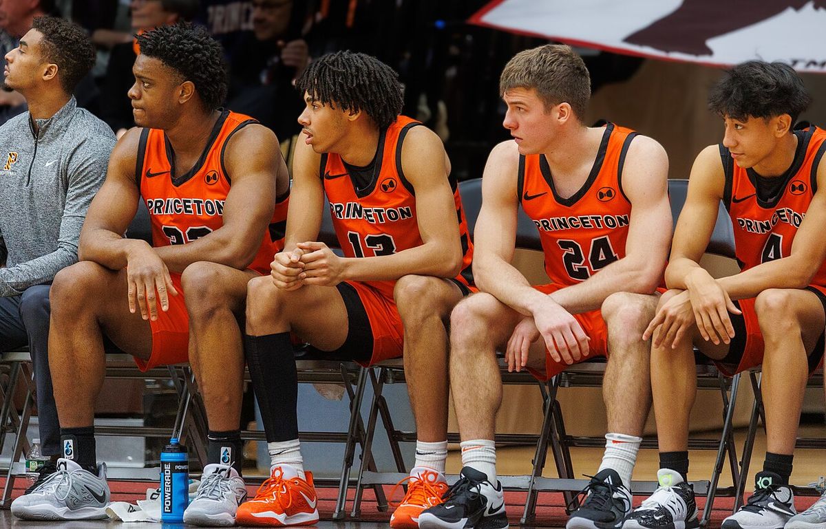 Princeton basketball players Keeshawn Kellman, Deven Austin, Blake Peters, and Xaivian Lee. Brown vs Princeton, 14 Jan 2023. Brown won, 72-7