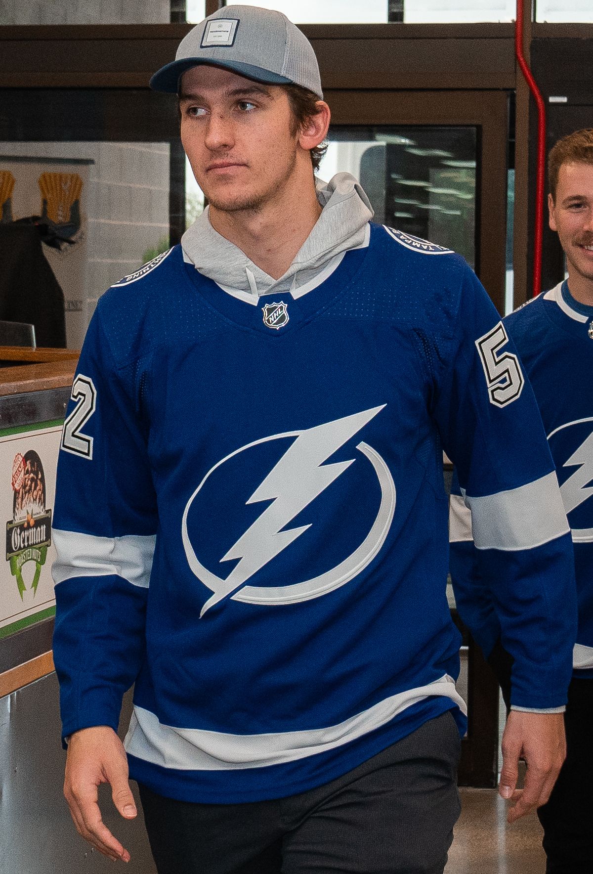 Tampa Bay Lightning players arrive for a meet-and-greet session with service members and their families at MacDill Air Force Base, Florida, 