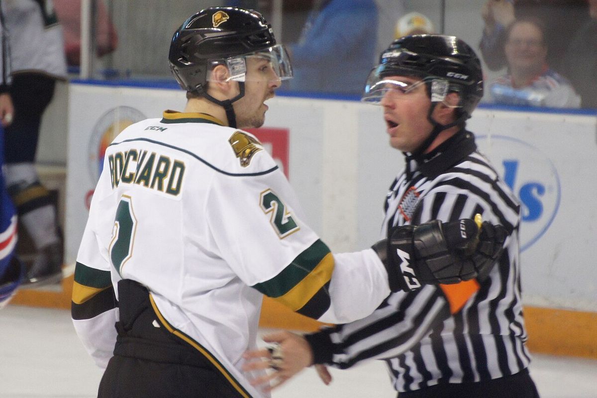 Evan Bouchard playing for the London Knights against the Kitchener Rangers in Kitchener on April 14, 2016.