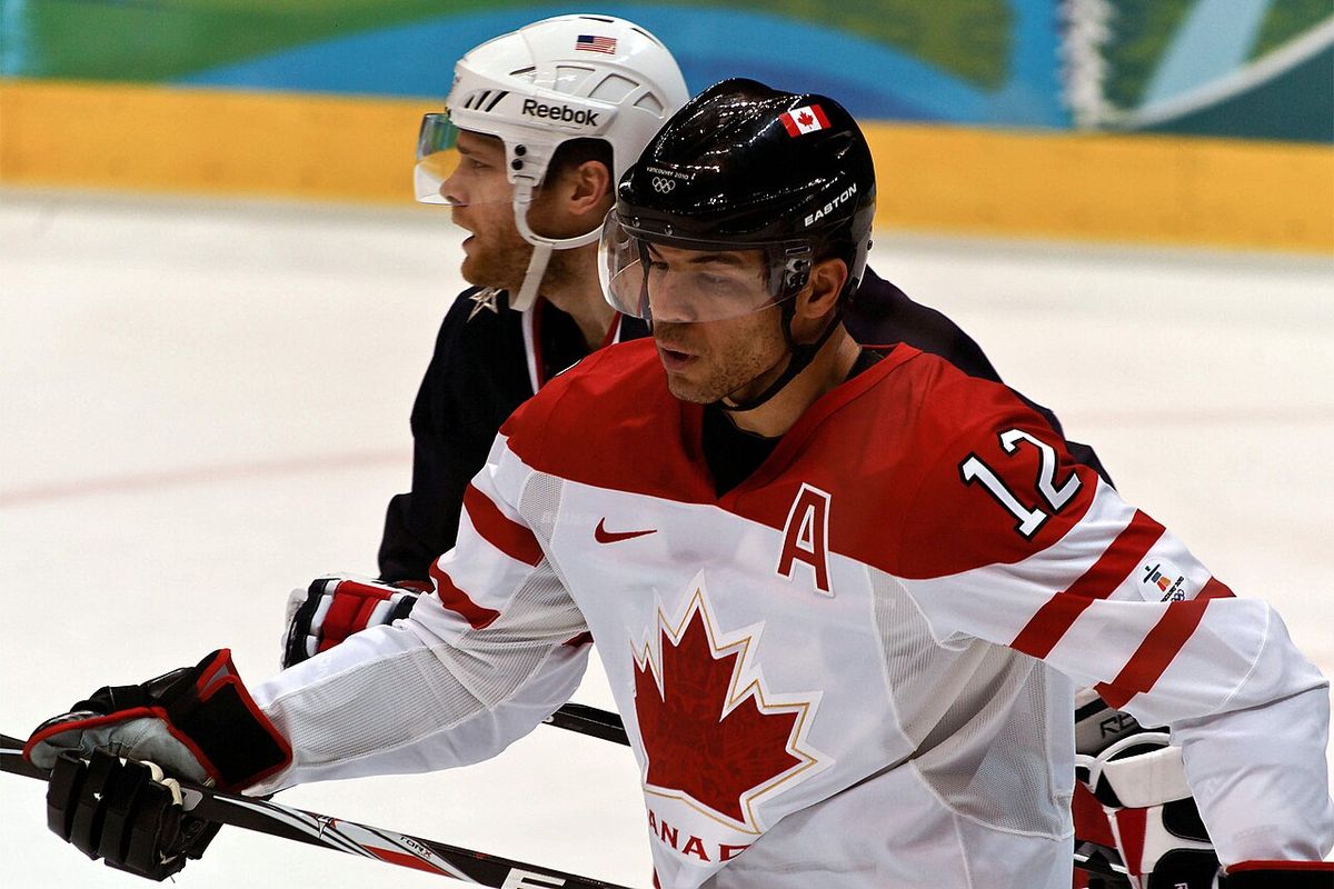 Canada forward Jarome Iginla prepares for a faceoff against the United States in overtime of the gold medal game at the 2010 Winter Olympics