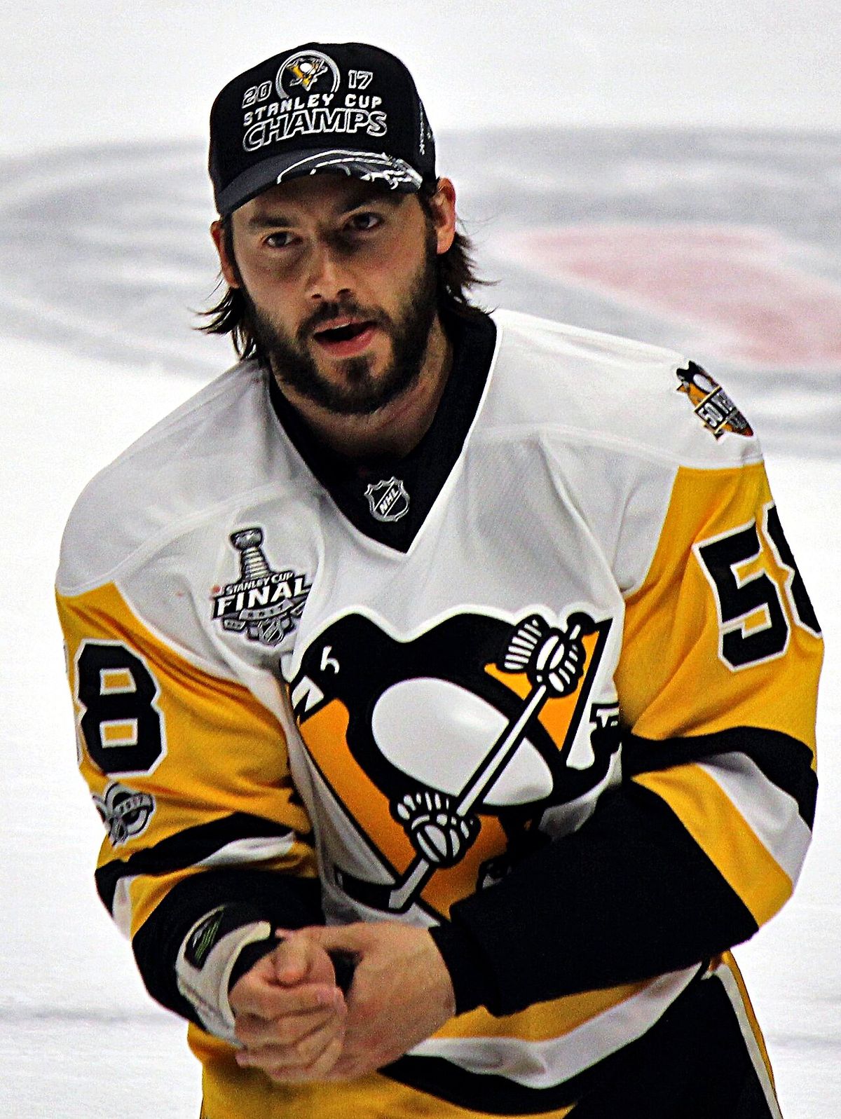 Pittsburgh Penguins defenseman Kris Letang celebrating the team's fifth Stanley Cup win, June 11, 2017, at Bridgestone Arena in Nashville, T