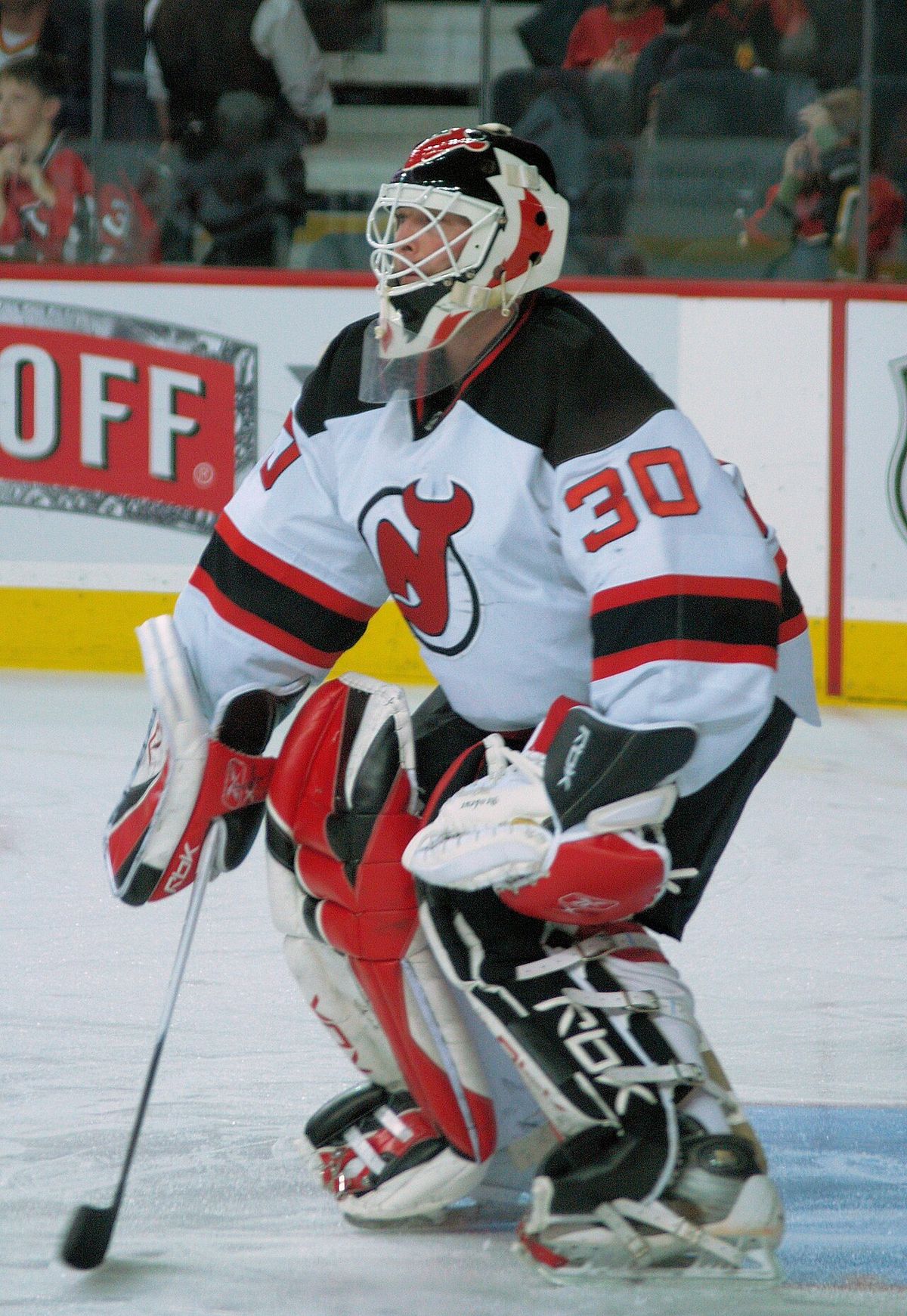 Martin Brodeur in the pre-game warmup in Calgary