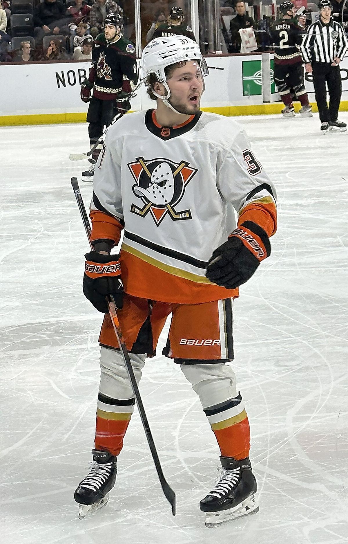 Mason McTavish of the Anaheim Ducks during a game against the Arizona Coyotes at Mullett Arena on January 24, 2023.