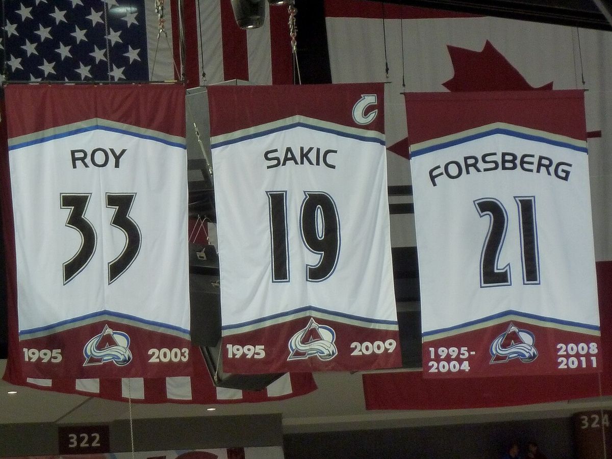 Three (Patrick Roy, Joe Sakic, Peter Forsberg) of the four retired Colorado Avalanche jersey's hang from the rafters at Pepsi Center. Denver