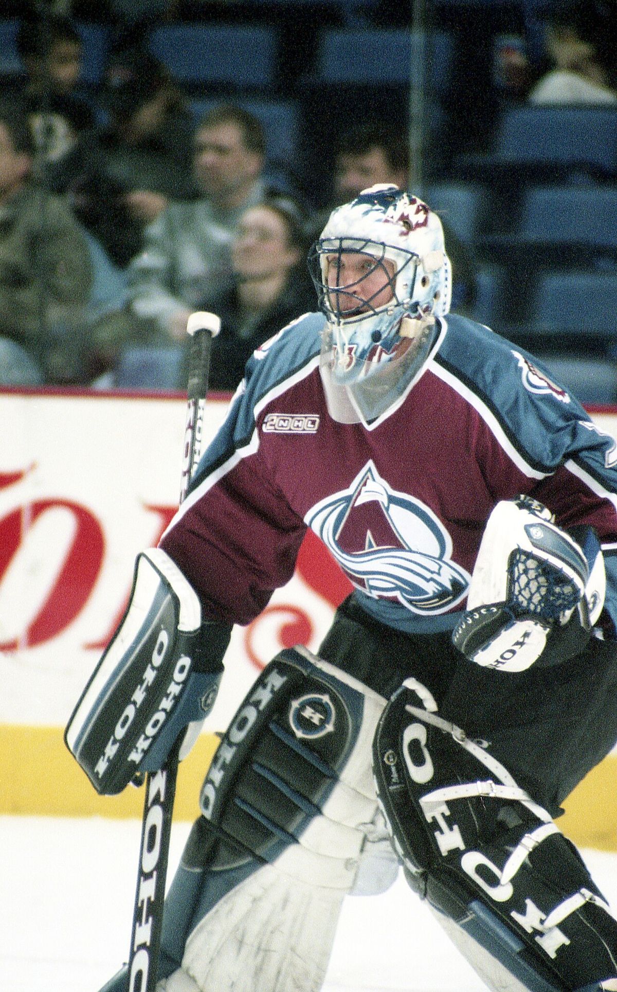 Hockey Hall of Fame goaltender Patrick Roy practicing with the Colorado Avalanche before a game in Buffalo, New York on December 23, 1999