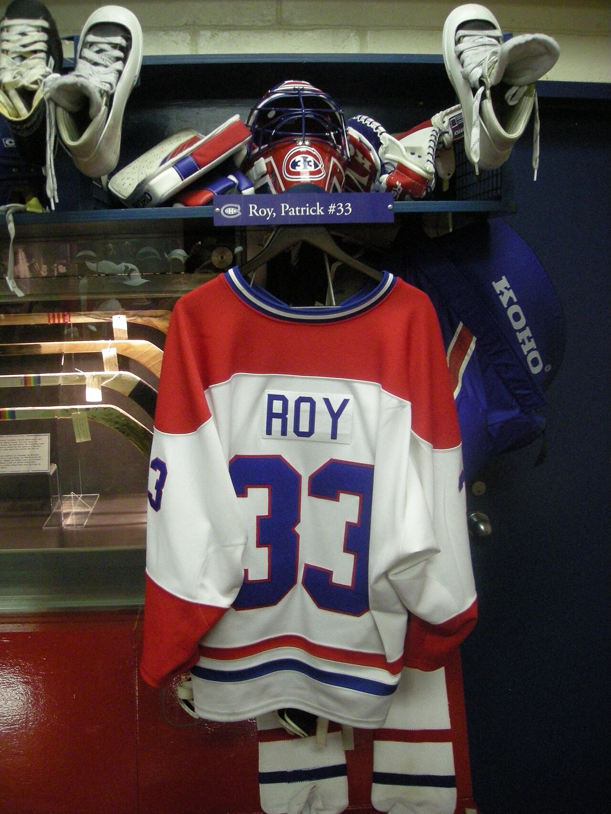 Patrick Roy's jersey and mask in the replica of the Montreal Canadiens dressing room at the Hockey Hall of Fame in Toronto, Ontario (Canada)