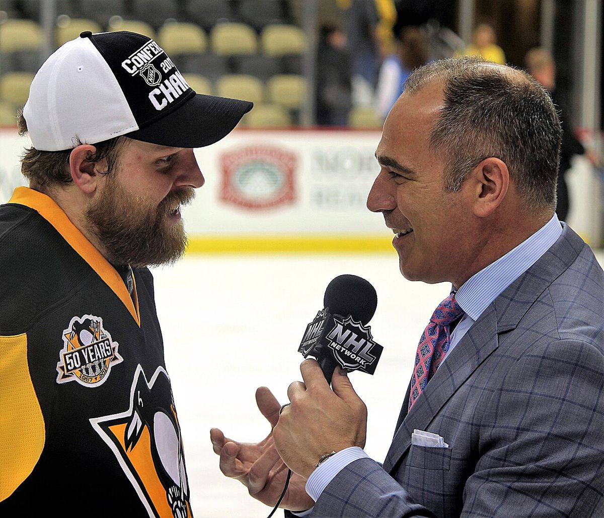 NHL Network reporter Billy Jaffe interviews Phil Kessel following the Pittsburgh Penguins double-overtime victory in game 7 against the Otta