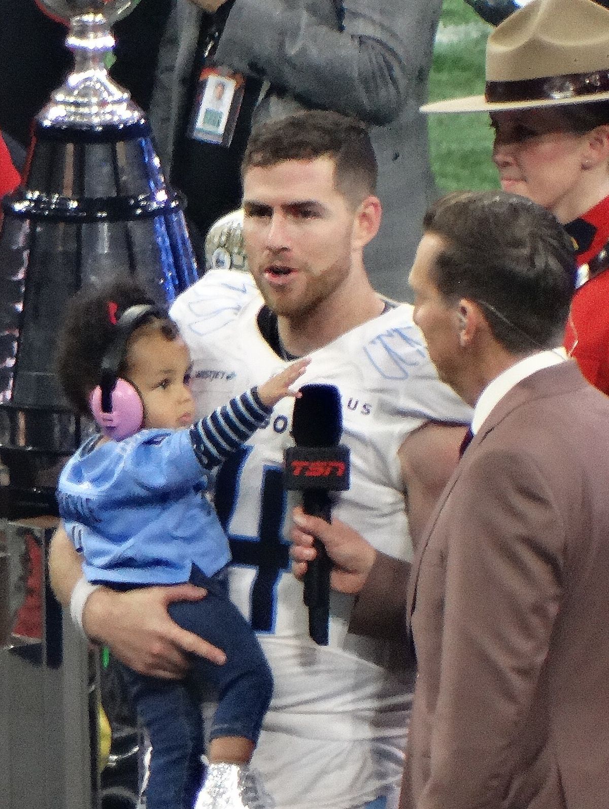Nick Arbuckle, quarterback for the Toronto Argonauts, accepts the MVP award for the 111th Grey Cup in Vancouver.