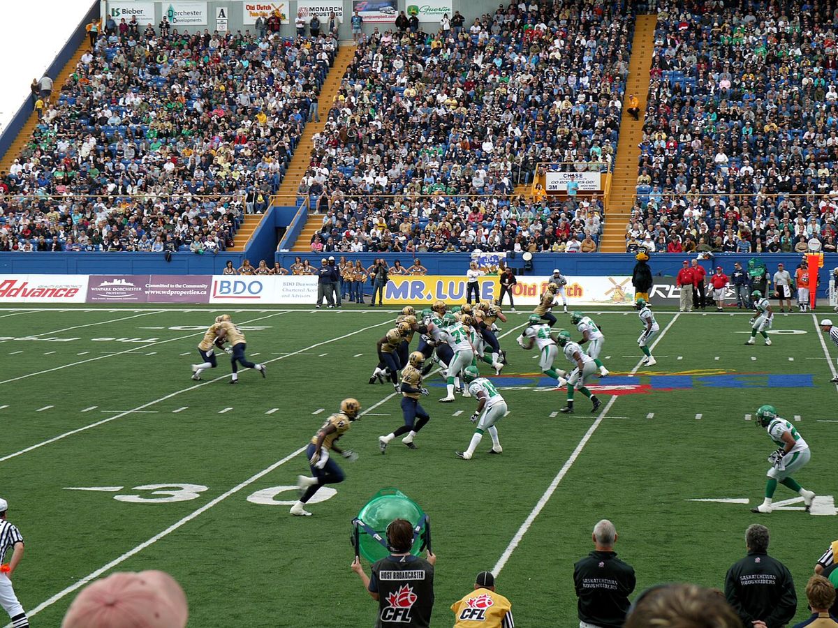 CFL Canadian football game at Canad Inns Stadium, September 9, 2007 – Saskatchewan 15, Winnipeg 34Original description: "Rox and I went to t