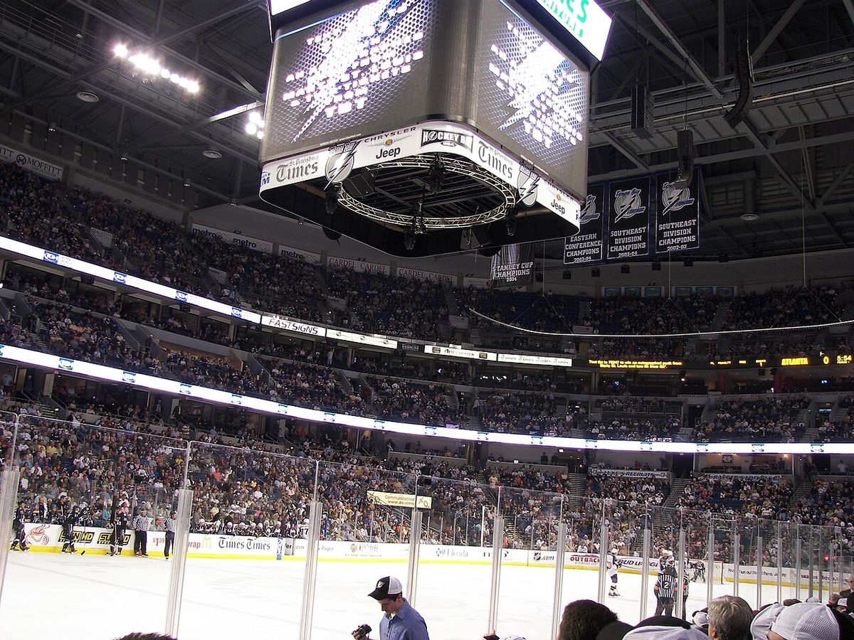 Interior of the St. Pete Times Forum in Tampa, Florida during a Tampa Bay Lightning vs. Atlanta Thrashers ice hockey game on October 20, 200