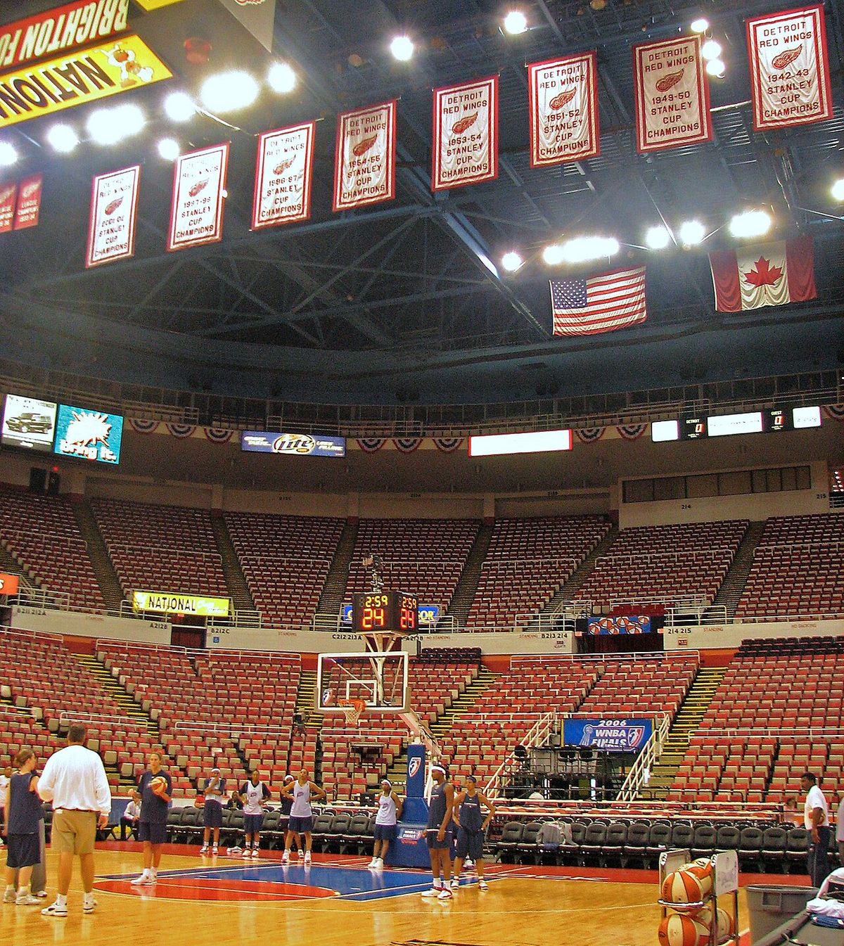 The Detroit Shock practice for Game 5 of the WNBA Finals under the Red Wings' Stanley Cup banners.