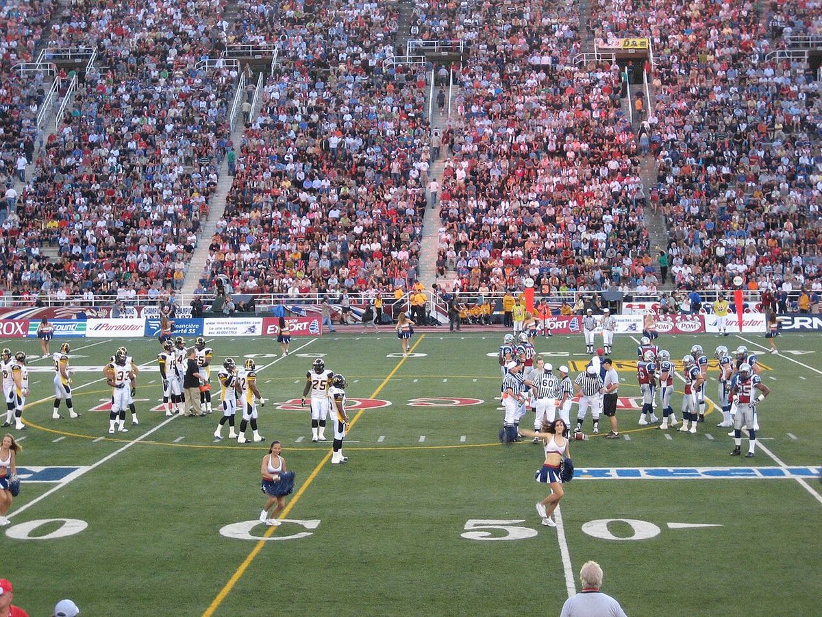 Montreal Alouettes cheerleaders entertain the crowd during a timeout in a game against the Hamilton Tiger-Cats on July 6, 2006 at Molson Sta