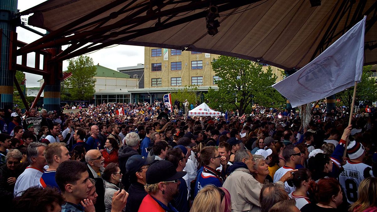 Crowds gather at The Forks in Winnipeg on May 31, 2011 for the official announcement that the Atlanta Thrashers would relocate to Winnipeg p